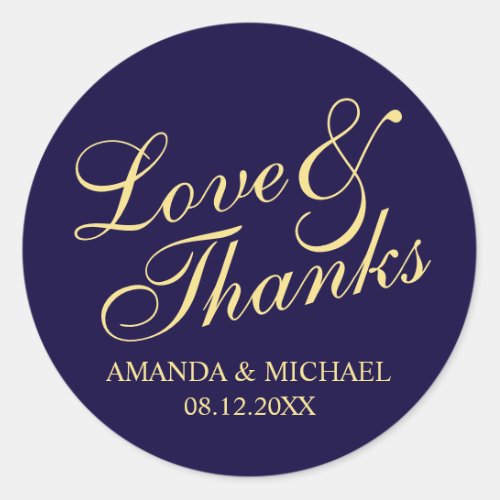 Love  Thanks Navy  Gold Elegant Wedding Favor Classic Round Sticker