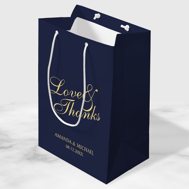 'Love & Thanks' Navy & Gold Elegant Wedding Favor Medium Gift Bag (Creator Uploaded)