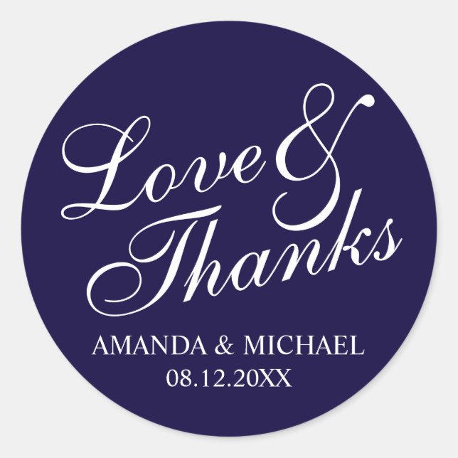 'Love & Thanks' Navy & White Wedding Favor Classic Round Sticker (Front)