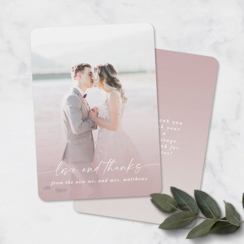 Love  Thanks Ombre Mauve Wedding Photo Overlay Thank You Card