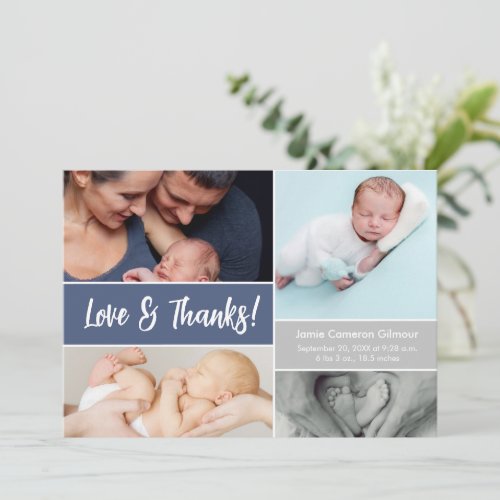 Love  Thanks Photo Collage Blue Baby boy Shower  Thank You Card