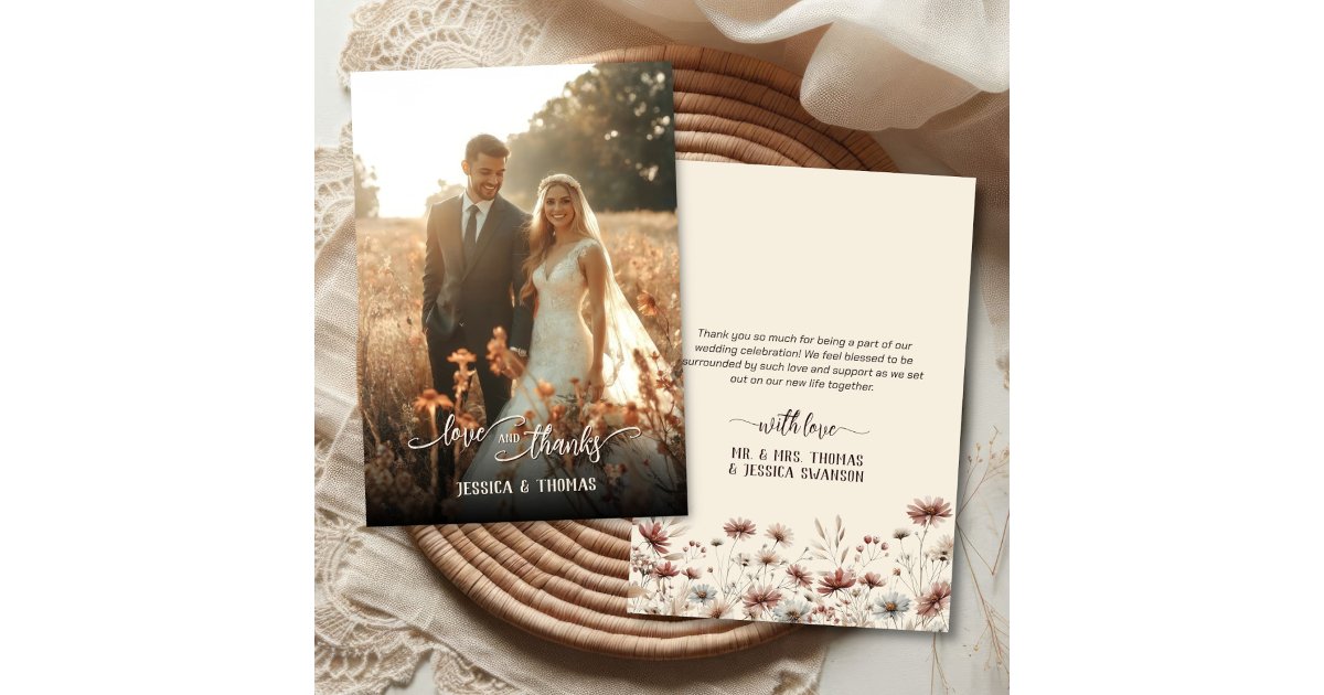 Love Thanks Photo Overlay Boho Wildflowers Wedding Thank You Card | Zazzle