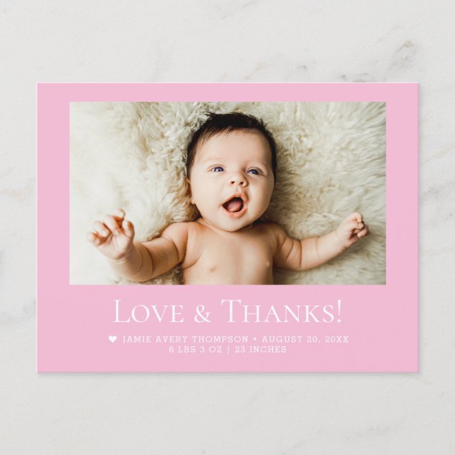 Love & Thanks Pink Baby Photo announcement Postcard (Front)