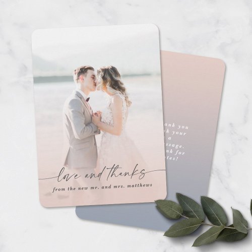 Love  Thanks Pink  Blue Wedding Photo Overlay Thank You Card