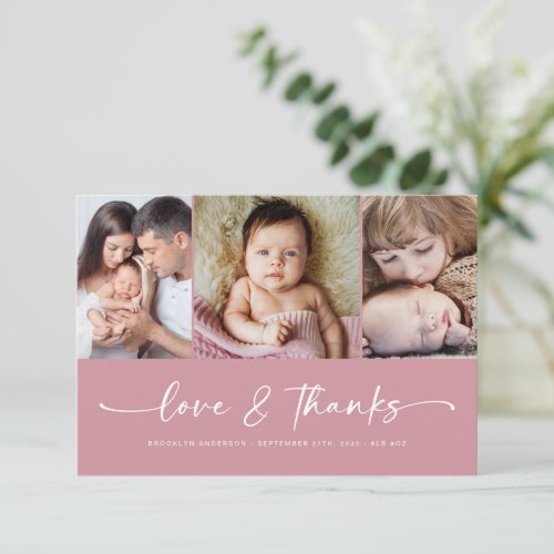 Love  Thanks  Pink Modern Three Photo New Baby   Thank You Card