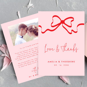 Love & Thanks Pink Red Bow Photo Wedding Thank You Card
