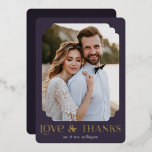 Love Thanks Purple Foil Wedding Thank You Card<br><div class="desc">Elegant gold foil wedding thank you card with a unique frame for your photo of choice,  modern typography and a dark purple eggplant background. Customize this wedding thank you template with your names and personal message on the back.</div>