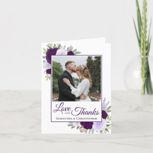 Love & Thanks Purple Roses Photo QR Code Wedding  Letterpress Thank You Card