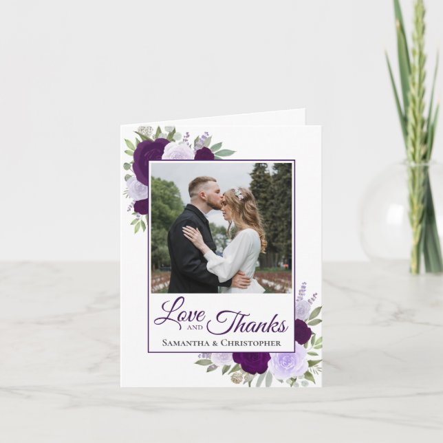 Love & Thanks Purple Roses Photo QR Code Wedding  Thank You Card (Front)