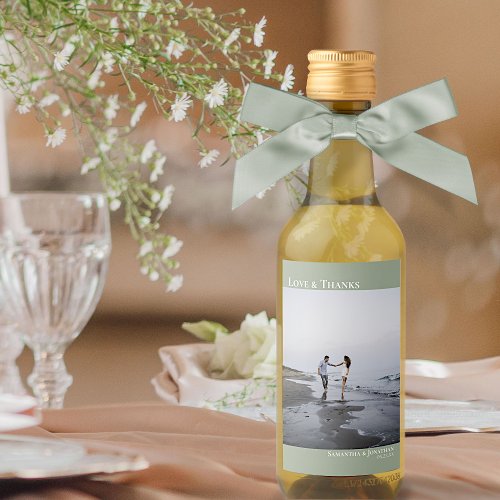 Love  Thanks Sage Green Simple Wedding Photo Mini Wine Label