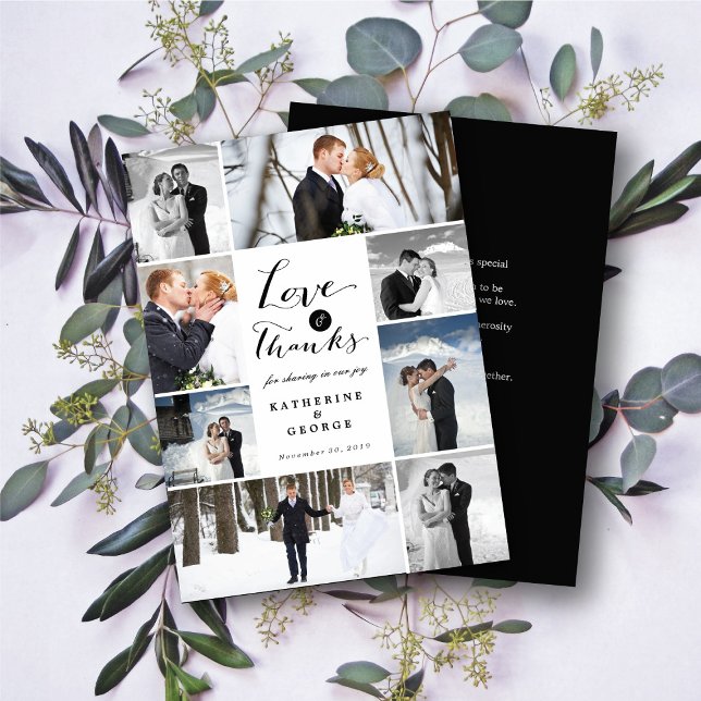 Love & Thanks Script 8-Photo Wedding Collage Thank You Card (Love & Thanks Modern Script 8 Multi Photo Collage Wedding Thank You Card @ fatfatin_blue_knot)