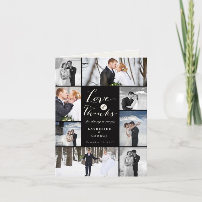 Love & Thanks Script 8-Photo Wedding Design Letterpress Thank You Card (Front)
