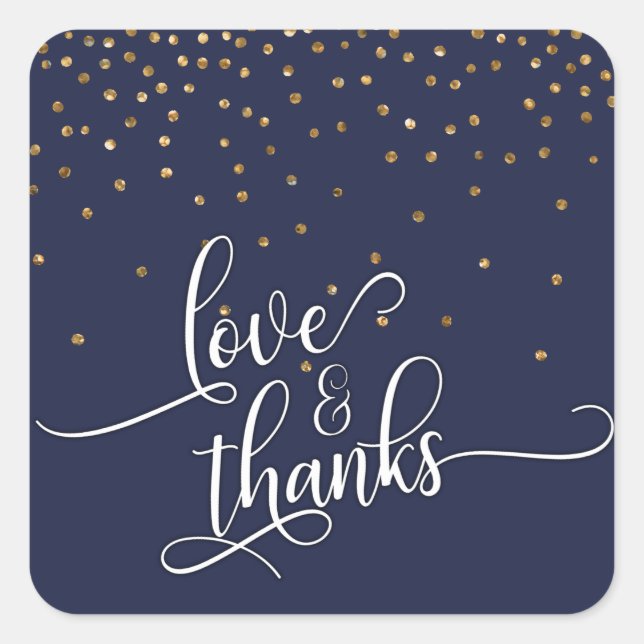 Love & Thanks Script, Gold Confetti and Navy Blue Square Sticker (Front)