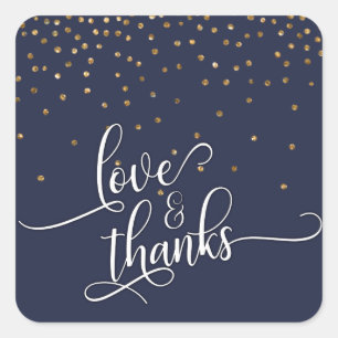 Love & Thanks Script, Gold Confetti Midnight Blue Square Sticker