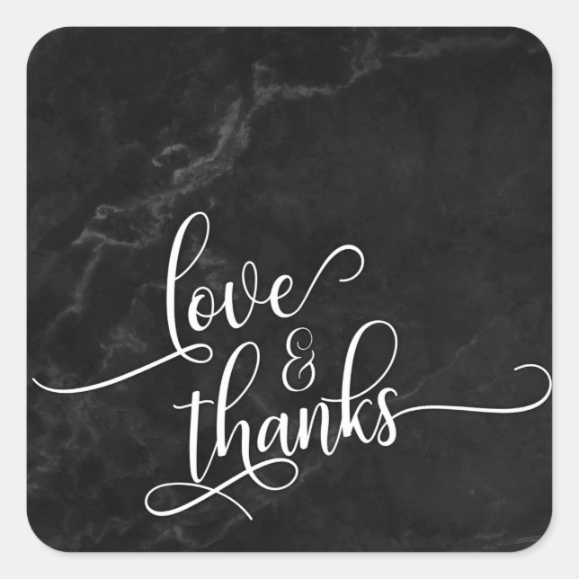 Love & Thanks Script Over Black Marble Square Sticker (Front)