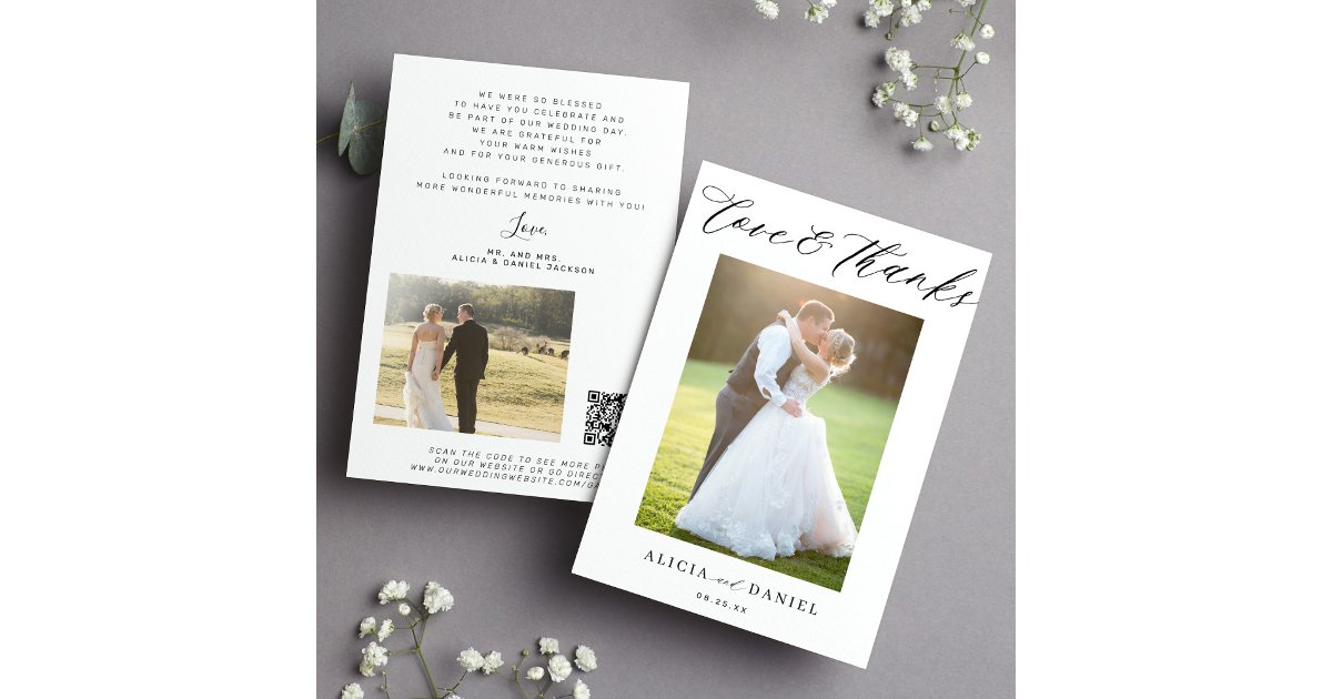 Love thanks script photo QR code wedding thank you Card | Zazzle