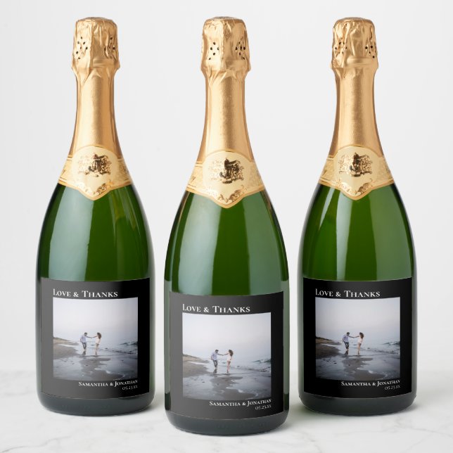 Love & Thanks Simple Black Modern Wedding Photo Sparkling Wine Label (Bottles)