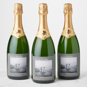 Love & Thanks Simple Minimalist Gray Wedding Sparkling Wine Label