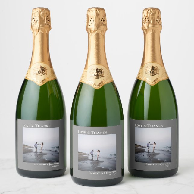 Love & Thanks Simple Minimalist Gray Wedding Sparkling Wine Label (Bottles)