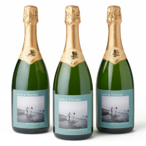 Love & Thanks Simple Minimalist Teal Wedding Sparkling Wine Label