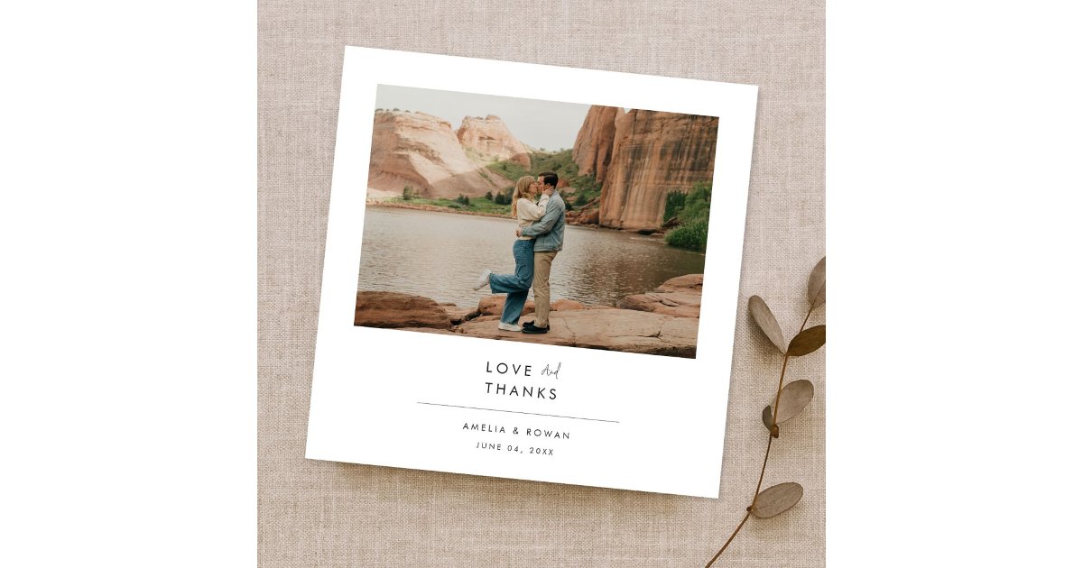 Love & Thanks Simple Modern Newlywed Photo Square Thank You Card | Zazzle