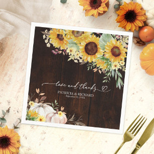 Love & Thanks Sunflower White Pumpkin Wood Wedding Napkins