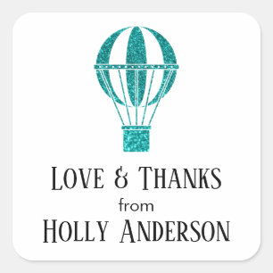 Love & Thanks Teal Glitter Hot Air Balloon w/ Name Square Sticker