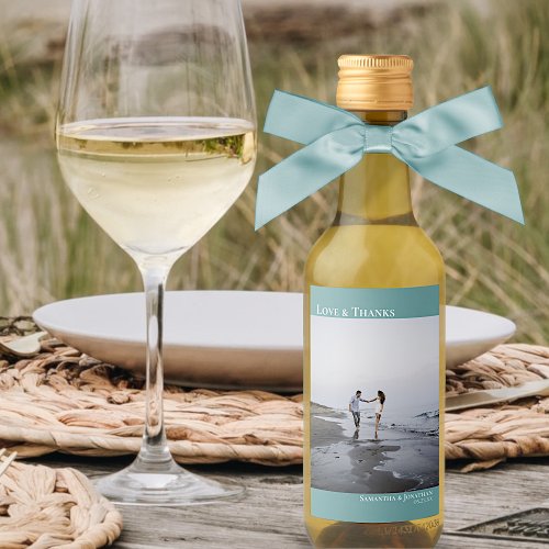 Love  Thanks Teal Simple Wedding Photo Mini Wine Label