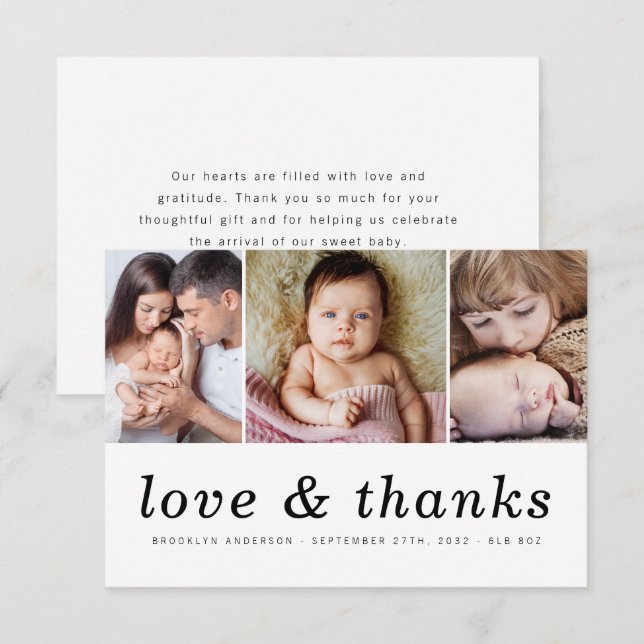 Love & Thanks | Three Photo New Baby Thank You Card (Front/Back)