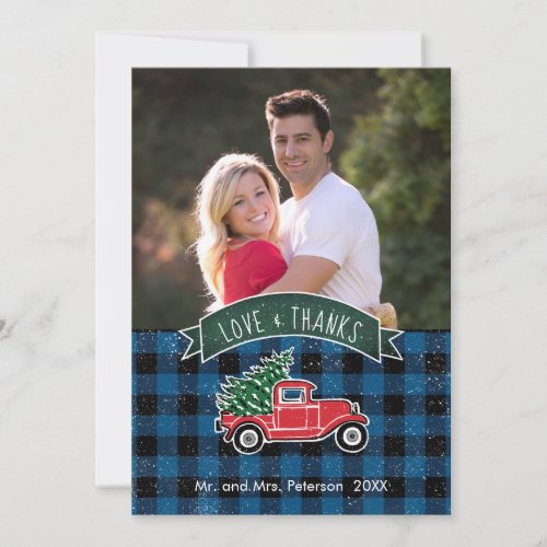 Love Thanks Vintage Truck Blue Buffalo Plaid Photo Holiday Card