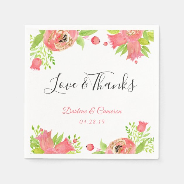Love & Thanks Watercolor Coral Pink Floral Wedding Paper Napkin