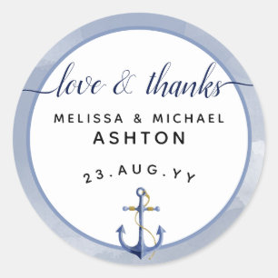 Love & Thanks Watercolor Nautical Wedding Favor Classic Round Sticker