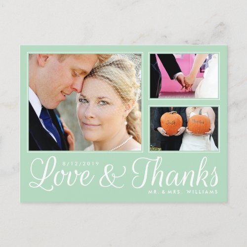 Love Thanks Wedding 3 Photo Mint Modern Postcard