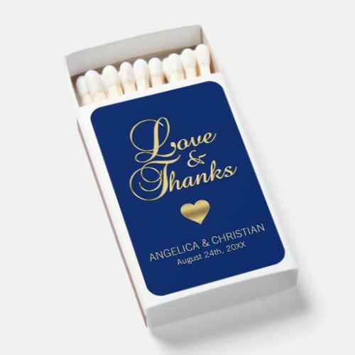 Love Thanks Wedding Heart Gold Navy Blue Matchboxes