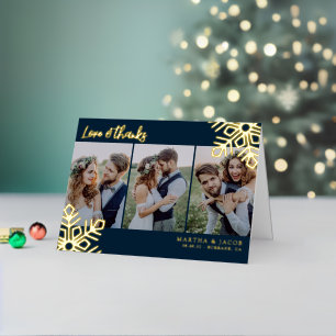 Love & Thanks Wedding Photo Snowflake Real Foil Holiday Card