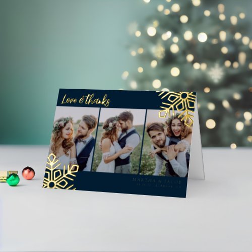 Love  Thanks Wedding Photo Snowflake Real  Foil Holiday Card