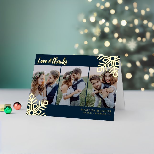 Love & Thanks Wedding Photo Snowflake Real  Foil Holiday Card (Holiday In Situ 2)