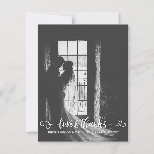 Love & Thanks Wedding Typography Black White Photo Thank You Card (Front)