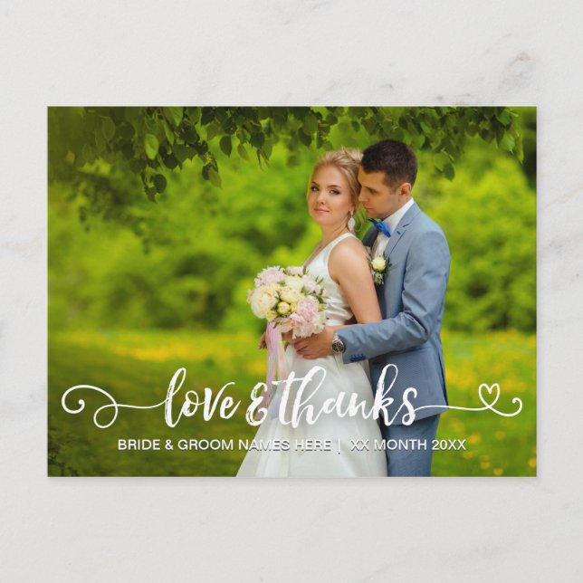 Love & Thanks Wedding Typography Pink Roses Photo Announcement Postcard (Front)