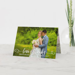 Love &amp; Thanks Wedding Typography Pink Roses Photo Card