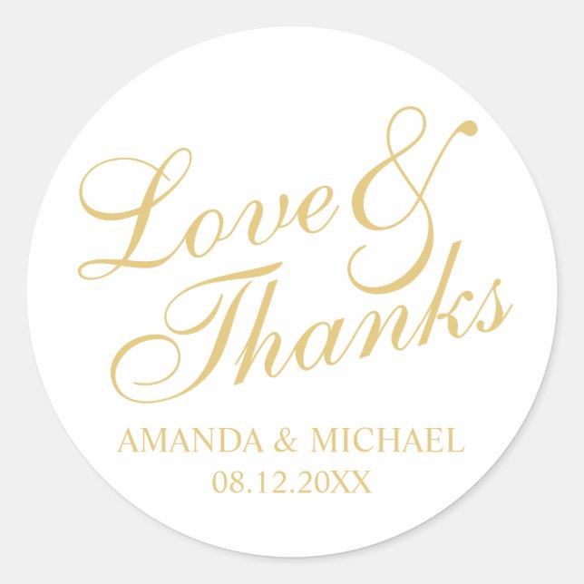 'Love & Thanks' White & Gold Elegant Wedding Favor Classic Round Sticker (Front)