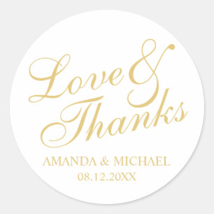 'Love & Thanks' White & Gold Elegant Wedding Favor Classic Round Sticker