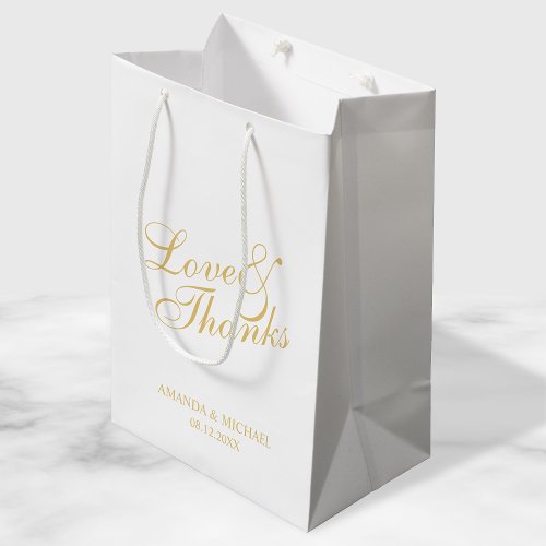 Love  Thanks White  Gold Elegant Wedding Favor Medium Gift Bag