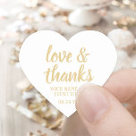 Love & Thanks White & Gold Simple Elegant Script Heart Sticker<br><div class="desc">Add a personalized touch to party favors and thank you notes with custom "love and thanks" heart-shaped stickers / envelope seals. All wording on this template is simple to customize for any occasion, such as wedding, bridal shower, graduation, birthday party, anniversary or retirement. The white and gold design features modern...</div>