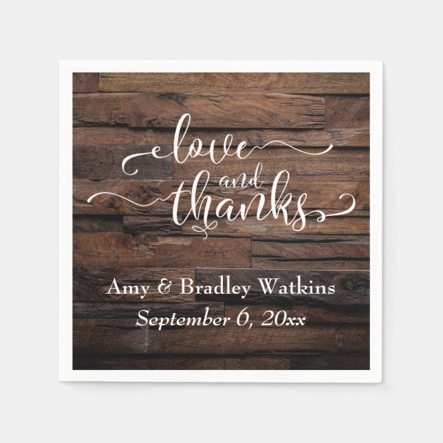 Love & Thanks White Script on Dark Textured Wood Napkins (Front)