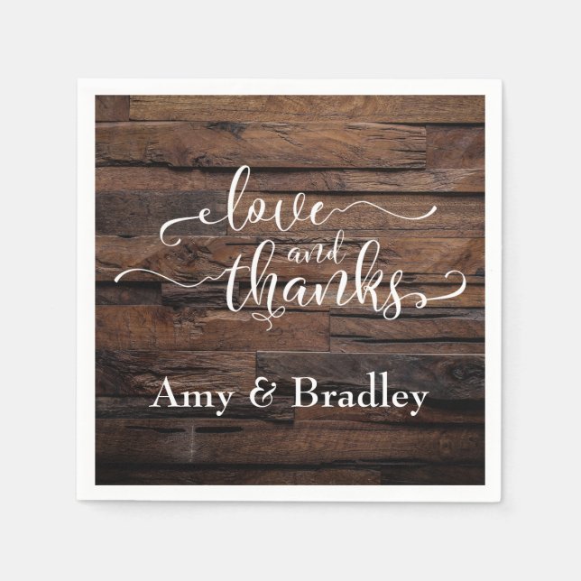 Love & Thanks White Script on Dark Textured Wood Napkins (Front)
