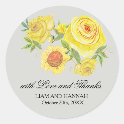 Love  Thanks Yellow Sunflower Roses Wedding Favor Classic Round Sticker