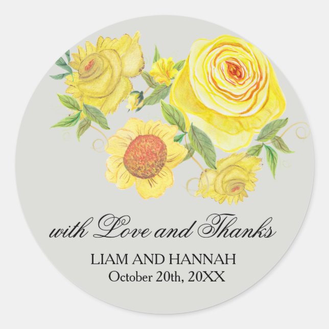 Love & Thanks Yellow Sunflower Roses Wedding Favor Classic Round Sticker (Front)