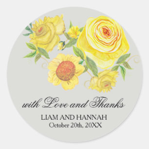 Love & Thanks Yellow Sunflower Roses Wedding Favor Classic Round Sticker