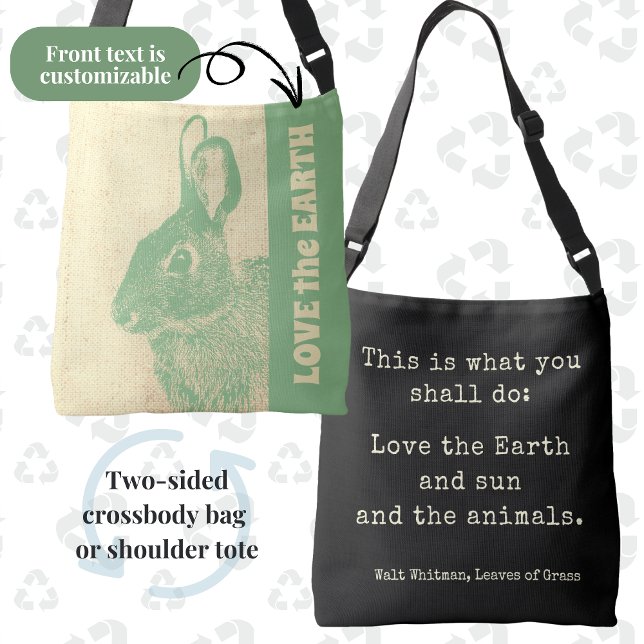 Love the Earth Green and Black Bunny Vintage Tote (Reusable, eco-friendly "Love the Earth" Bunny Bag with quote on the back. Front text customizable.)